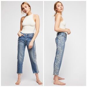 Free People We The Free Side Stripe Boyfriend Jeans Size 29 Aztec Stripe Raw Hem